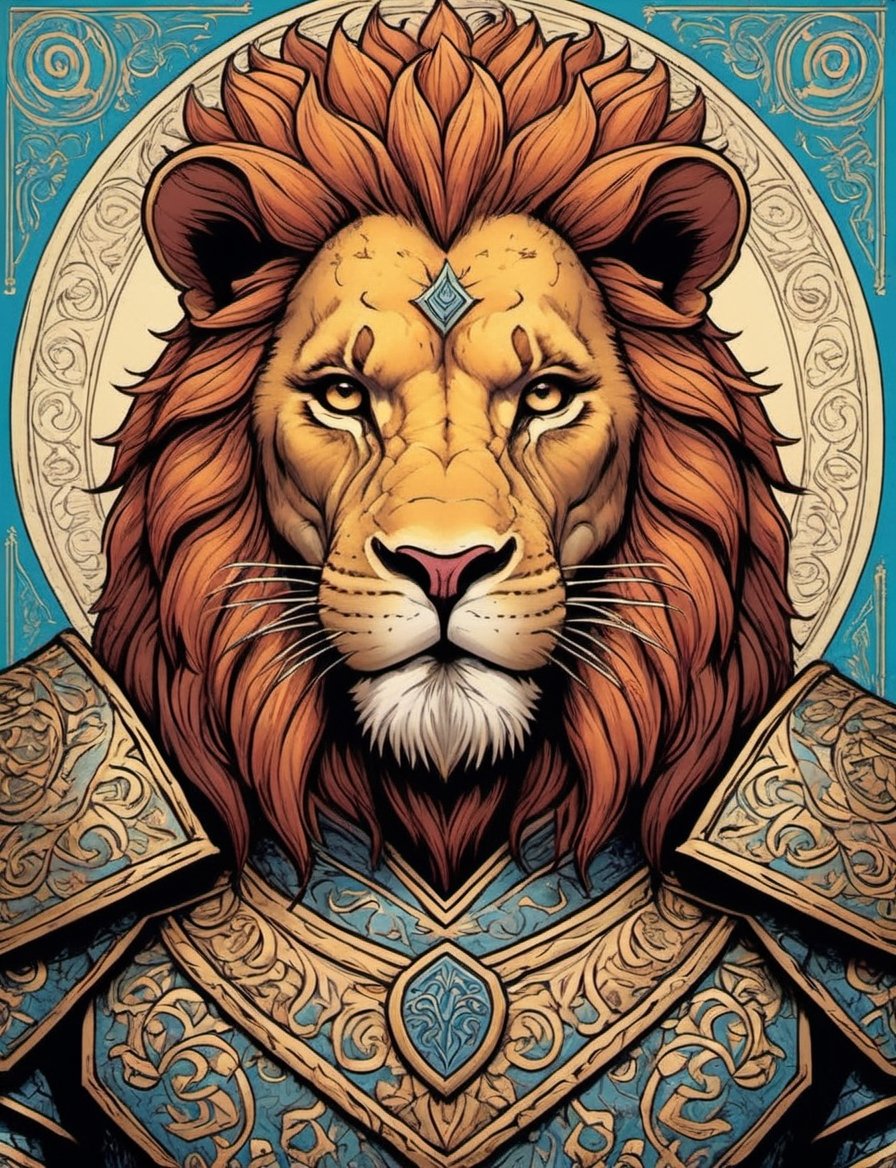 head and shoulders comic portrait of an evil anthropomorphic lion warrior wearing armor with magic runes,  ,  inspired by...