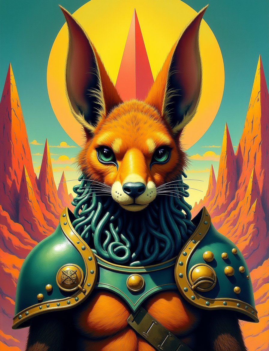1950s retro sci-fi painting of a head and shoulders portrait,  a anthropomorphic furry warrior ,  wearing armor with intri...