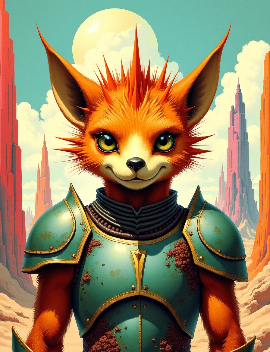 1950s retro sci-fi painting of a head and shoulders portrait,  a anthropomorphic furry warrior ,  wearing armor with intri...