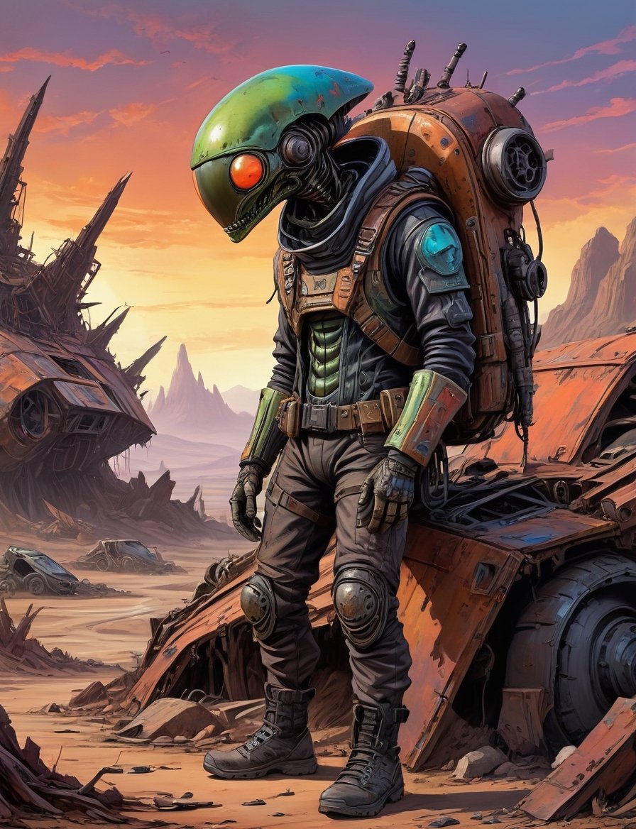 A post-apocalyptic alien wearing a patched-together outfit in dystopian style,  casually leaning against an rusted giganti...