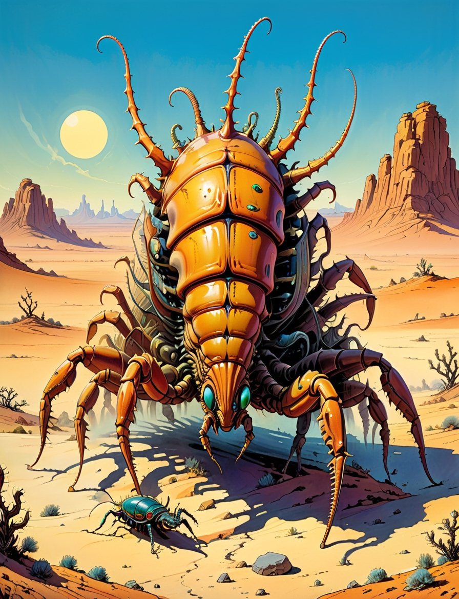 1980s style fantasy.oil painting.barren desert.dynamic action scene. a large centipede monster ,  the monster stands on mu...