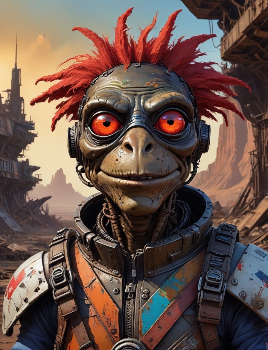 head and shoulders portrait,  A post-apocalyptic alien muppet wearing a patched-together outfit in dystopian style,  ruste...