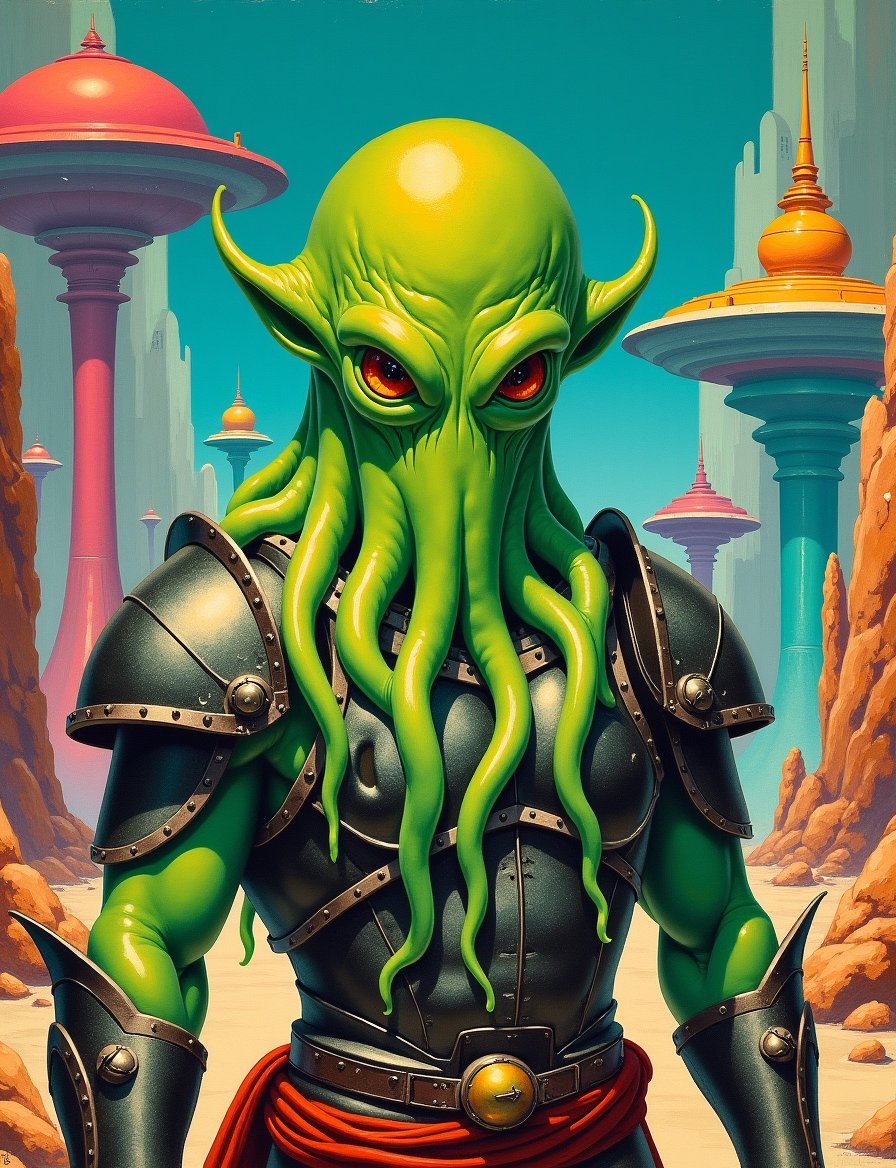 1950s retro sci-fi painting of a head and shoulders portrait,  a anthropomorphic gelatinous ooze warrior ,  wearing armor...