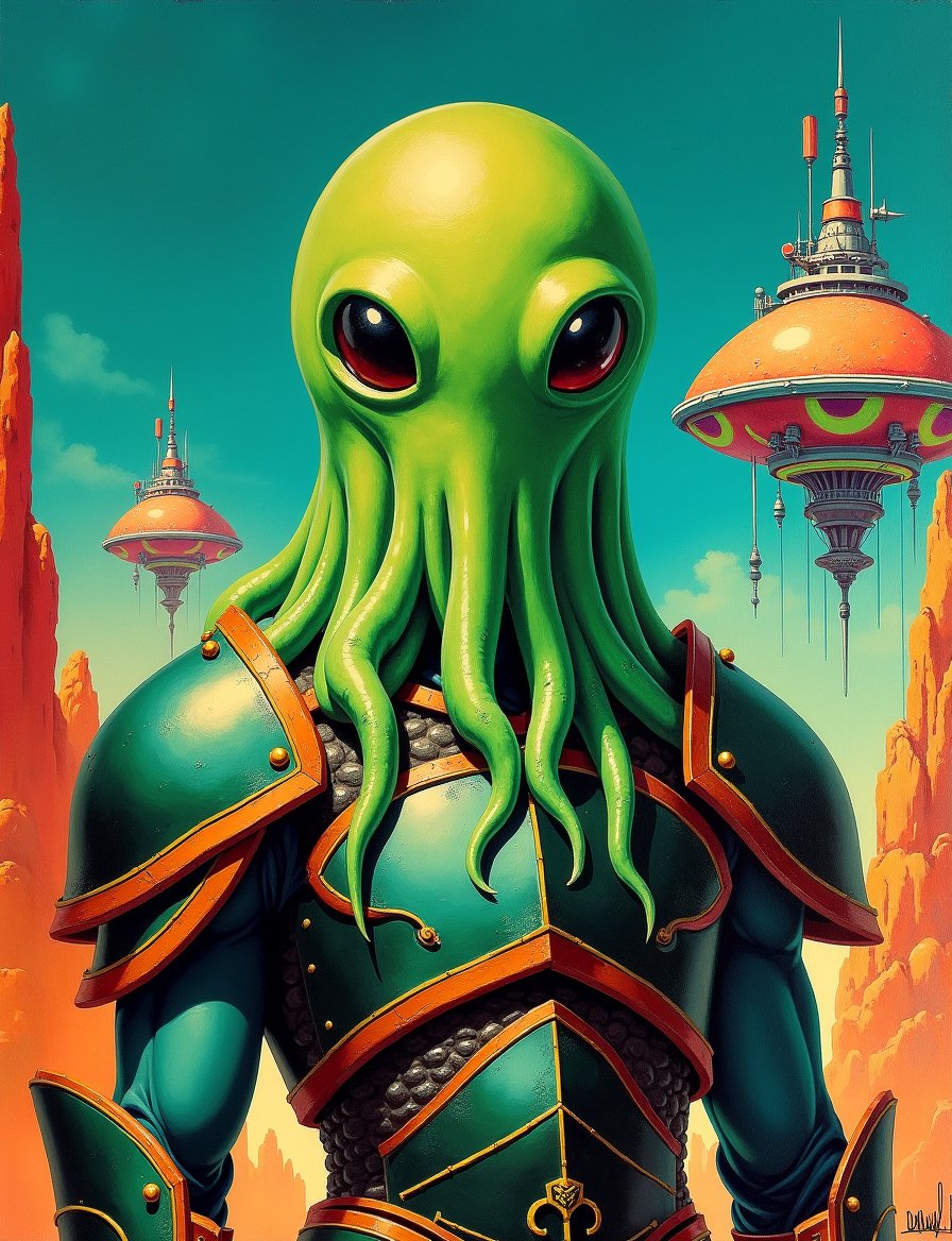 1950s retro sci-fi painting of a head and shoulders portrait,  a anthropomorphic gelatinous ooze warrior ,  wearing armor...