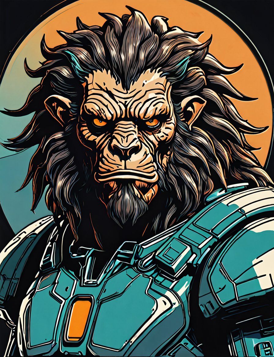 (close up, head and shoulders portrait:1.5), An extremely detailed 1970s retro-future anthropomorphic (lex Luther :1.2) (manticore :1.4) robot, centered, (strong outline sketch style:1.5), (flat silkscreen art style:1.9), (solid dark background:1.2), (retro color scheme), masterpiece, epic, by pascal blanche rutkowski repin artstation painting concept art of detailed character design matte painting, 4 k resolution blade runner, dark muted background, detailed, comic book,dcas_lora