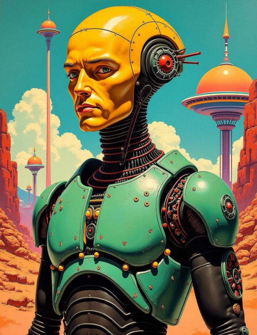 1950s retro sci-fi painting of a head and shoulders portrait,  a male synthetic centipede warrior ,  wearing polycarbonate...
