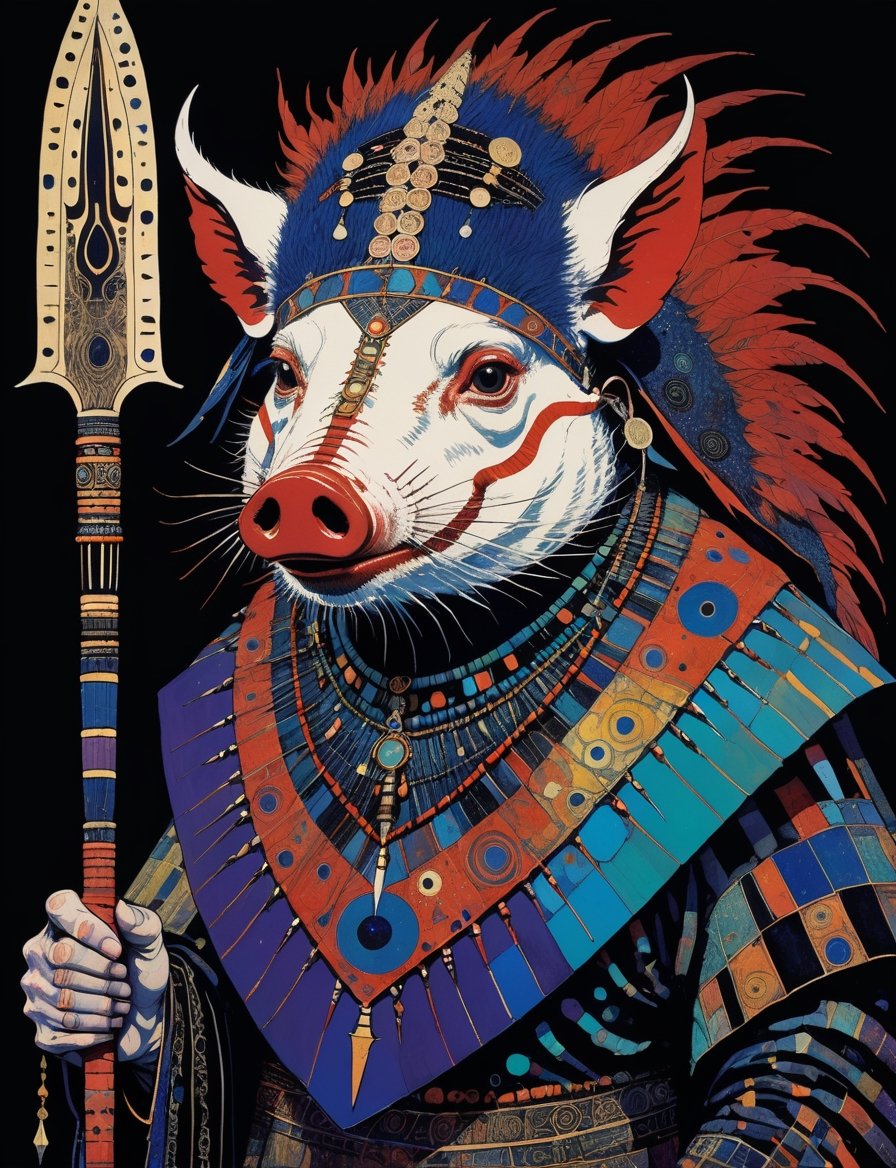 Painting of a razorback shaman with a spear and traditional clothing,  in the style of harry clarke and gustav klimt,  ana...
