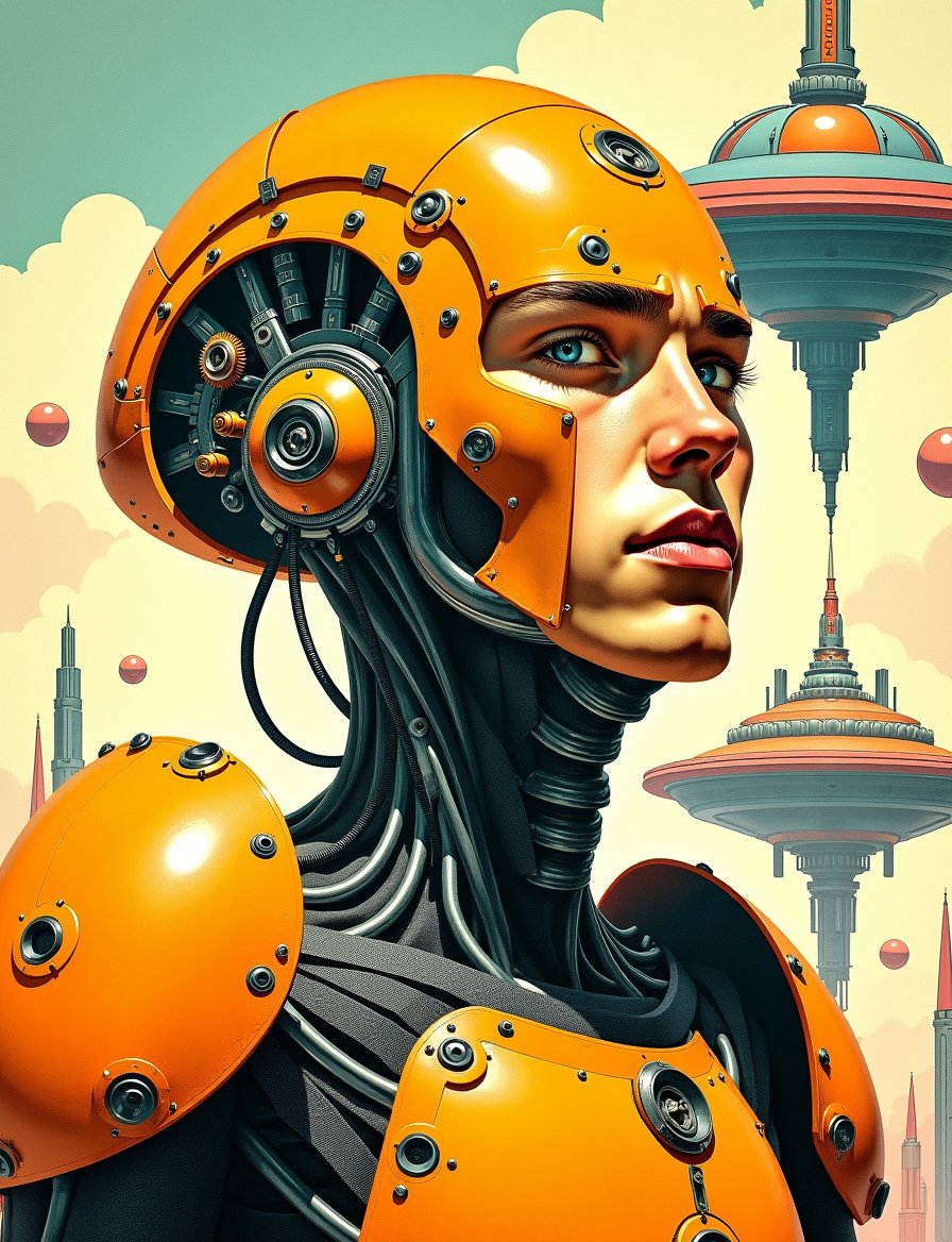 1950s retro sci-fi painting of a head and shoulders portrait,  a male synthetic centipede warrior ,  wearing polycarbonate...