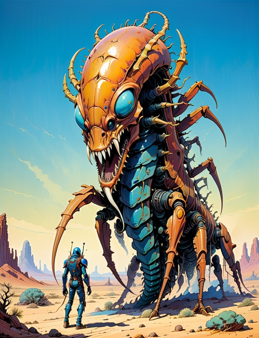 1980s style fantasy.oil painting.barren desert.dynamic action scene. a large centipede monster ,  the monster stands on mu...