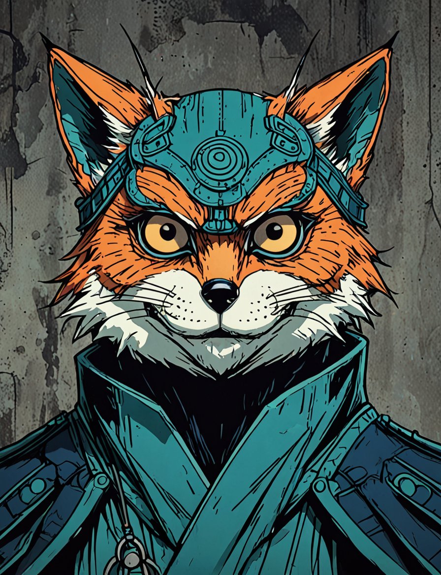 (close up, head and shoulders portrait:1.5), orange, teal, blue, violet gradient , (anthromorphic fox owl :1.5), samurai, wearing samurai armor, (strong outline sketch style:1.5), symmetrical features, gritty fantasy, (darkest dungeon art style :1.4), dark muted background, detailed,one_piece_wano_style,Dark Manga of