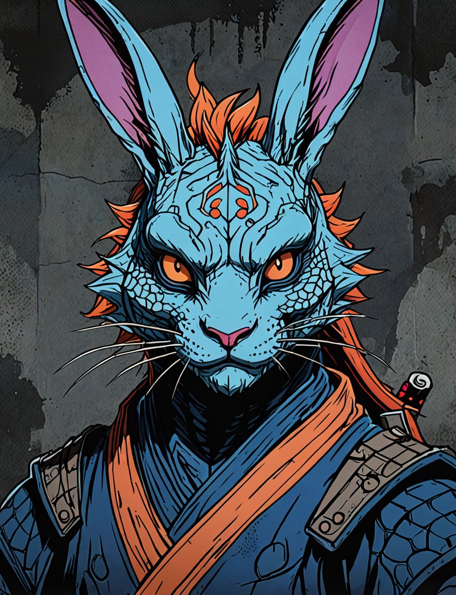 (close up, head and shoulders portrait:1.5), red, orange, blue, violet gradient ,(anthromorphic dragon rabbit :1.5), samurai, wearing samurai armor, (strong outline sketch style:1.5), symmetrical features, gritty fantasy, (darkest dungeon art style :1.4), dark muted background, detailed,one_piece_wano_style,Dark Manga of