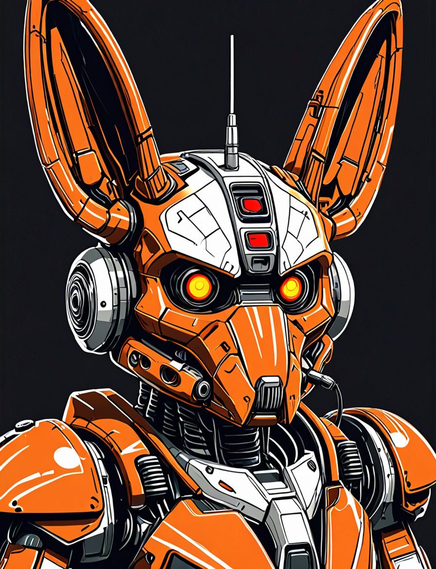 (close up, head and shoulders portrait:1.5), An extremely detailed (1970s retro-future:1.2) anthropomorphic wolpertinger robot, centered, (strong outline sketch style:1.5), dark background, red, orange, black and white tones, muted colors, detailed, comic book