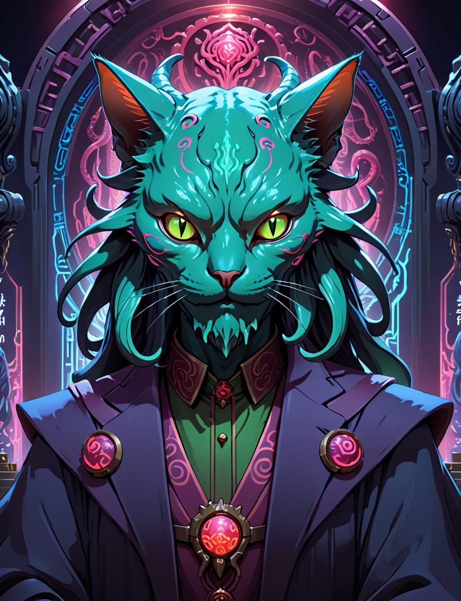 head and shoulders portrait, flat 2d illustration style, 1male:3, anthropomorphic sci-fi (cat:2) (Cthulhu:1.5) , Churnstyle, cyberpunk, tarot card, 4K UHD, studio ghibli style, high-tech, , nocturne, breakdomain, portraitart, portrait art style, neon hieroglyphs 