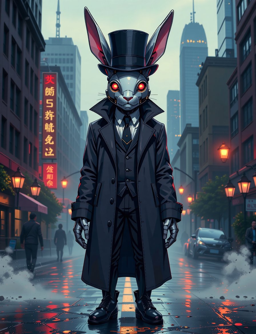 ) (Comic style),  anime 8k Wallpaper. A head and shoulders portrait of a mysterious anthropomorphic rabbit robotic figure...