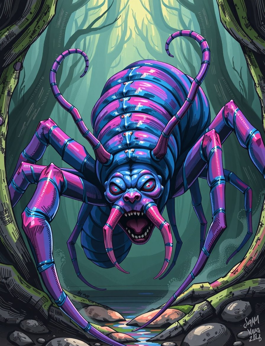 Close up of Koh the Face Stealer,  with a human face in the middle,  spider-like appendages sprouting disturbingly from it...