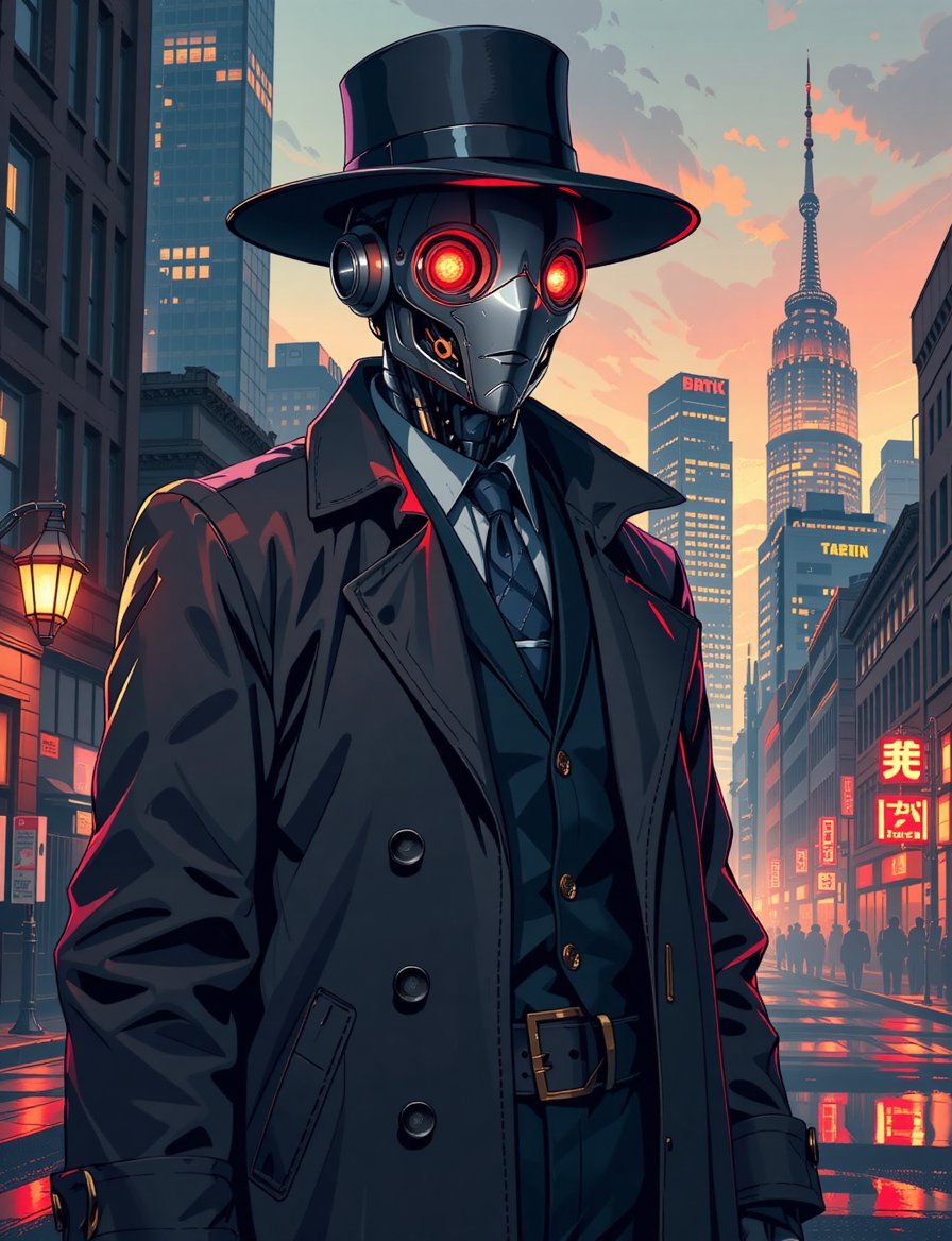 ) (Comic style),  anime 8k Wallpaper. A head and shoulders portrait of a mysterious robotic figure clad in a dark,  vintag...