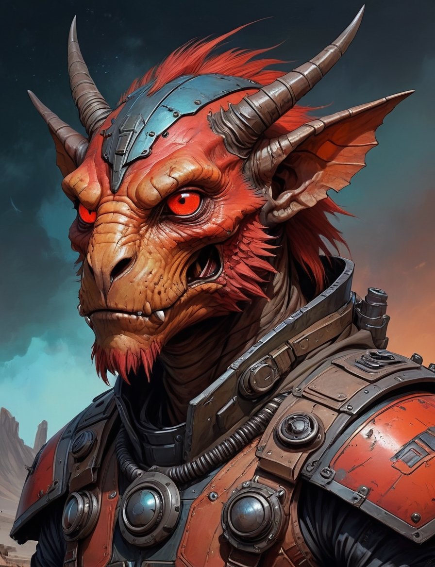 head and shoulders portrait,  A post-apocalyptic alien manticore wearing a patched-together outfit in dystopian style,  ru...