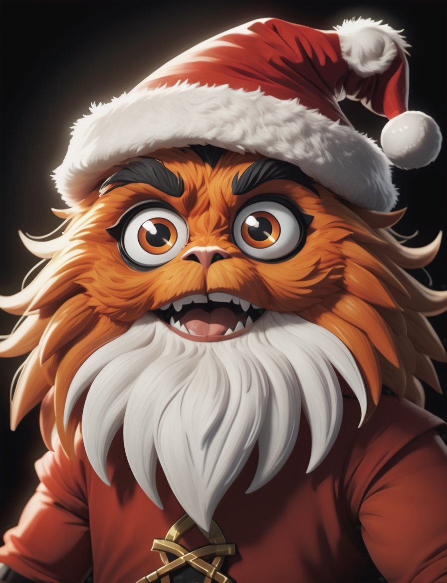 (4k 4d rfktrstyle silly fluffy orange monster with big googly eyes,  wearing holiday outfit,  Santa hat by Crystalballmech...