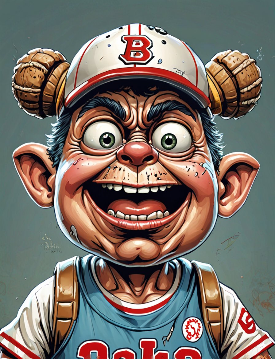 (close up, head and shoulders portrait:1.5), An extremely detailed 1980s (cartoon caricature:1.5), (oversized head caricature:1.3), anthropomorphic bug , wearing baseball player outfit , grunge , dystopian, in the style of garbage pail kids