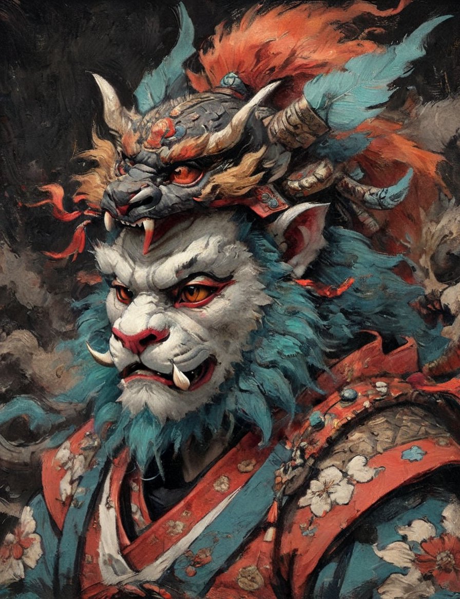 anthromorphic neck and chest fur,  samurai helmet,  oni_horns by Crystalballmech on Tensor.Art
