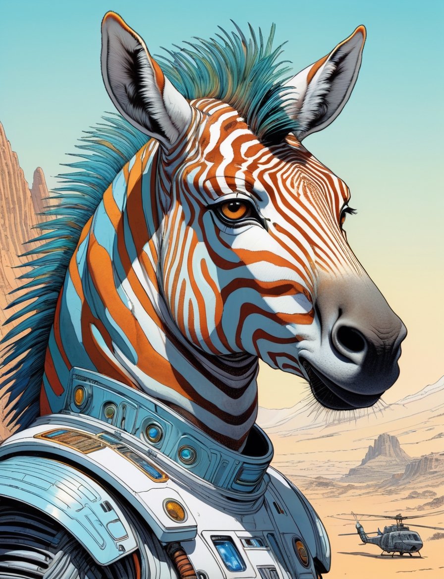 Jean Giraud ((Moebius style)),  head and shoulders Portrait of a anthropomorphic fusion with animal space sci-fi cyborg,...