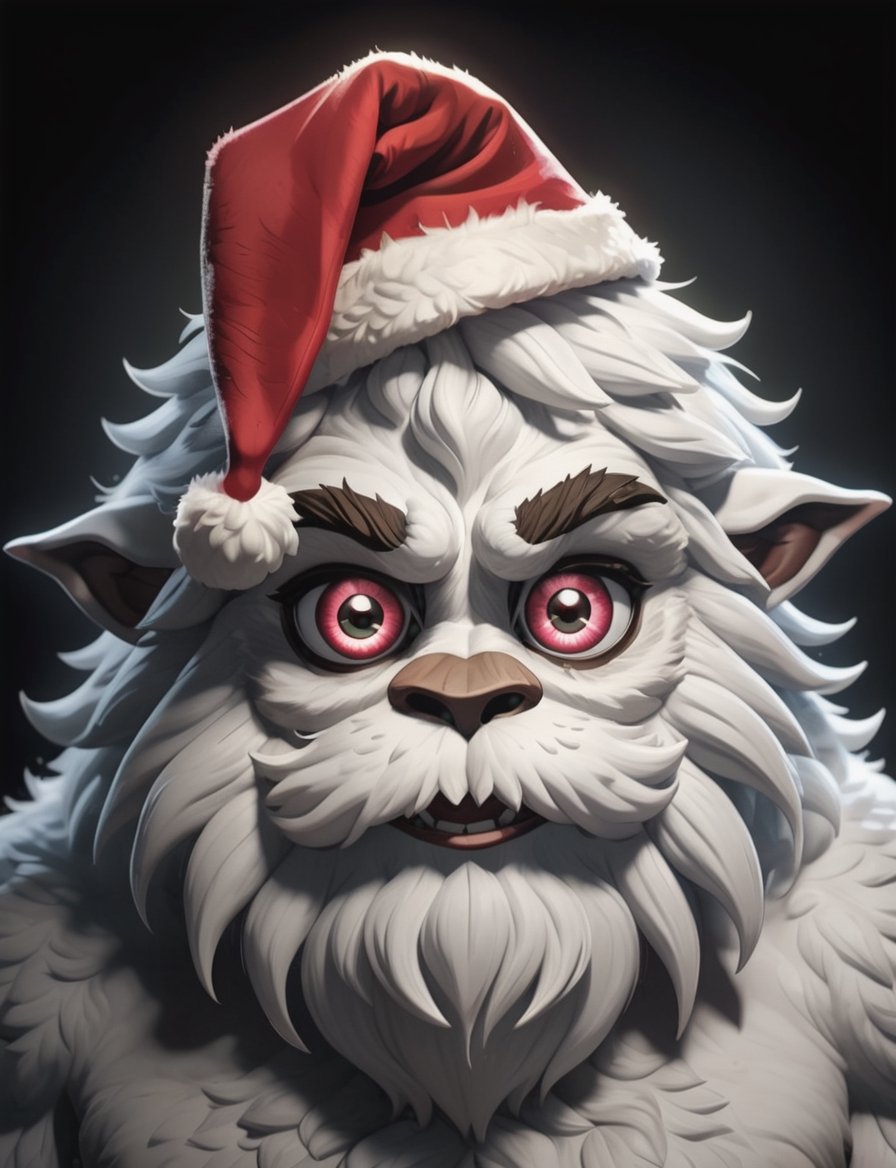 (4k 4d rfktrstyle silly fluffy yeti monster with big googly eyes,  wearing holiday outfit,  Santa hat by Crystalballmech o...