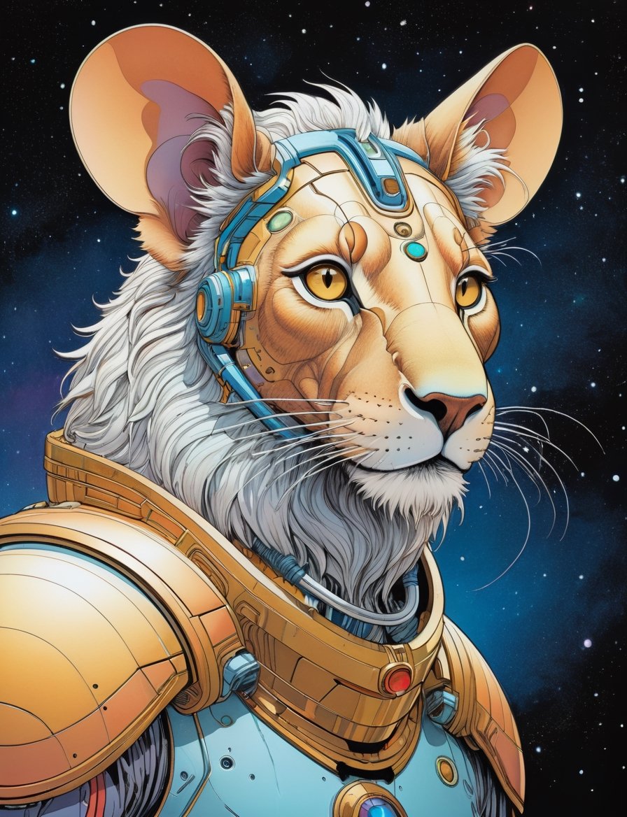 Jean Giraud ((Moebius style)),  head and shoulders Portrait of a anthropomorphic fusion with animal space sci-fi cyborg,...