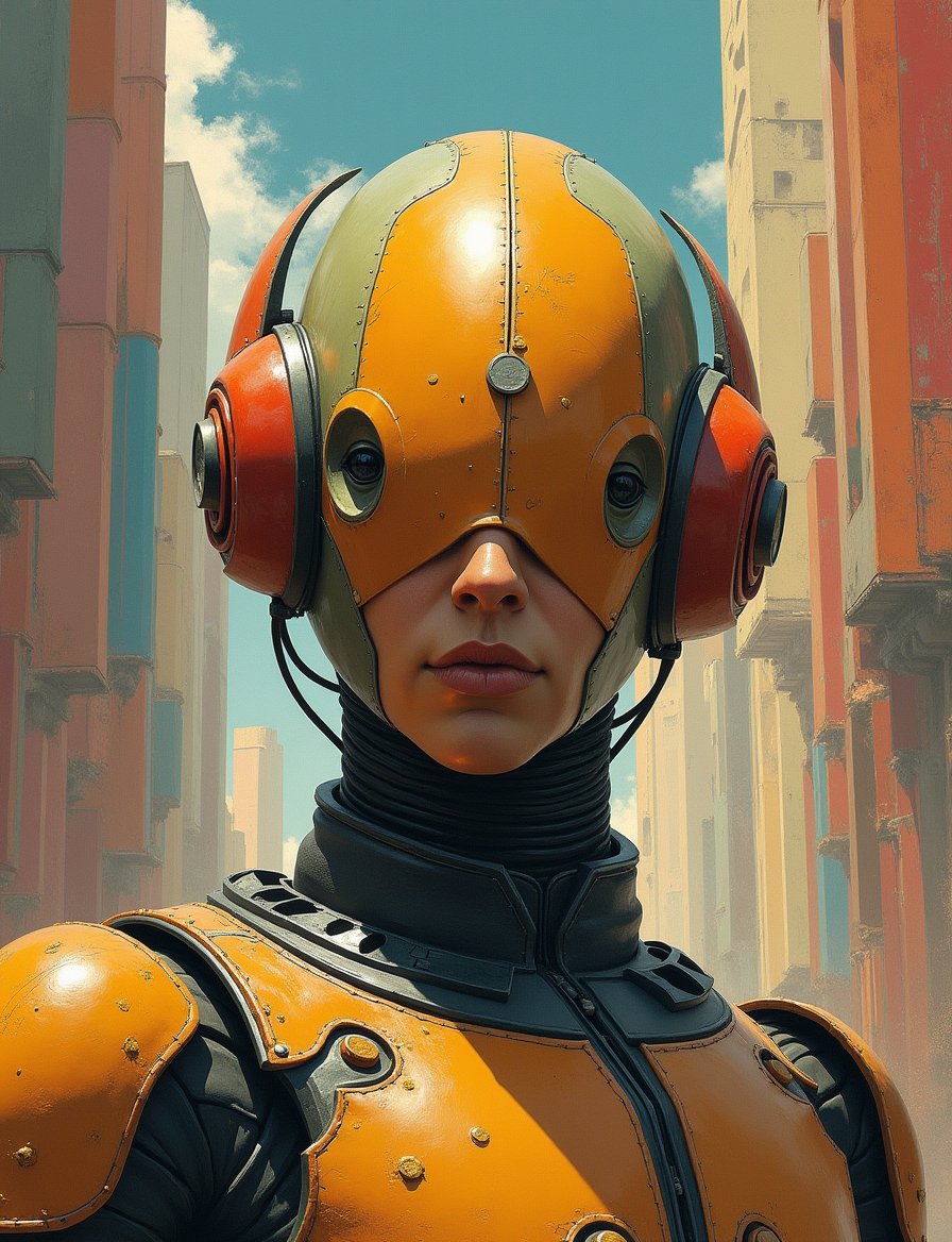 1950s retro sci-fi painting of a head and shoulders portrait,  male ,  a anthropomorphic mollusk robot bounty hunter by Cr...