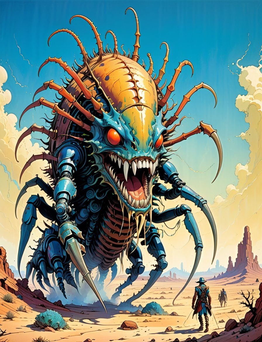 1980s style fantasy.oil painting.barren desert.dynamic action scene. a large centipede monster ,  the monster stands on mu...