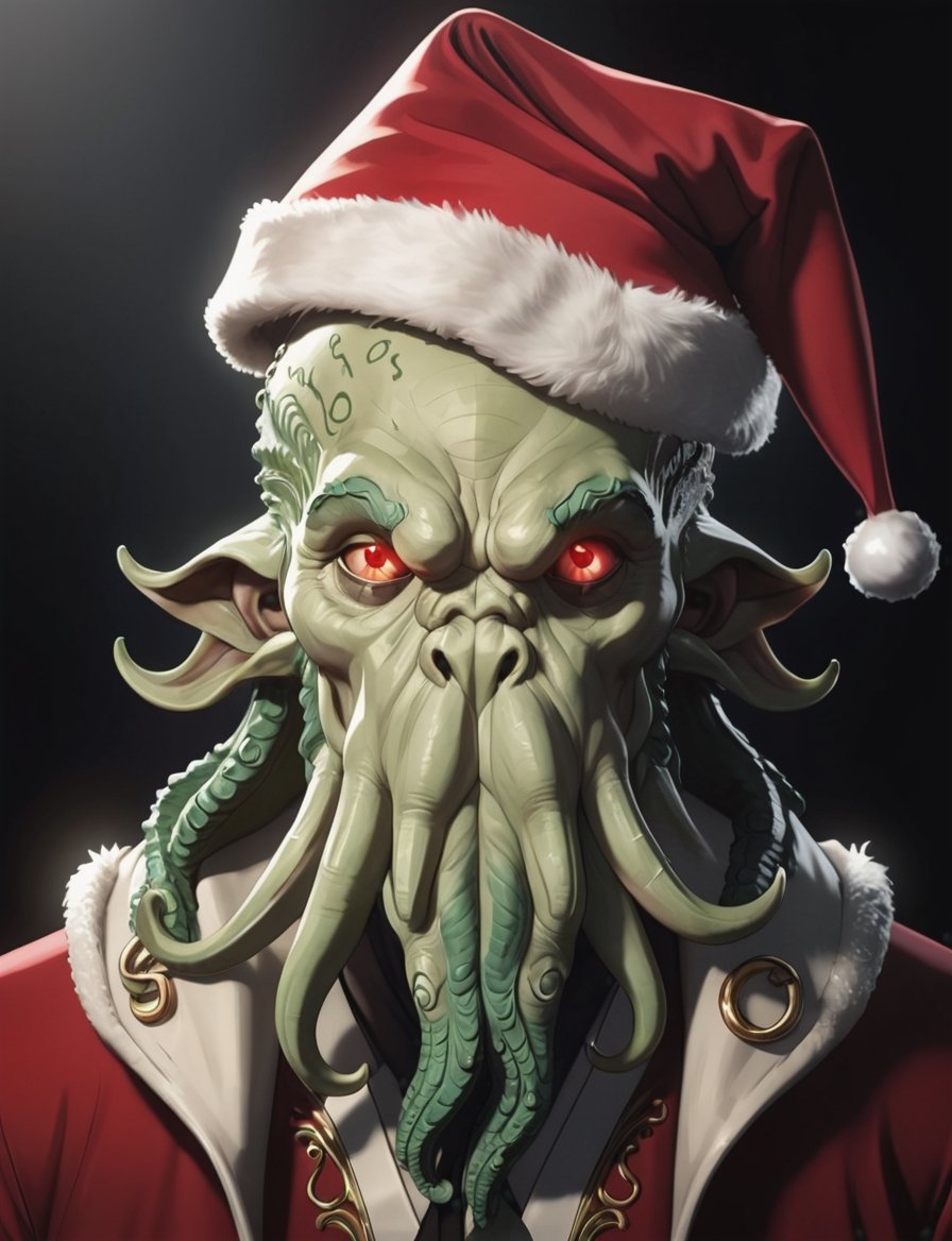 (4k 4d rfktrstyle Cthulhu wearing holiday coat and outfit,  Santa hat ,  glowing runes and eyes by Crystalballmech on Tens...