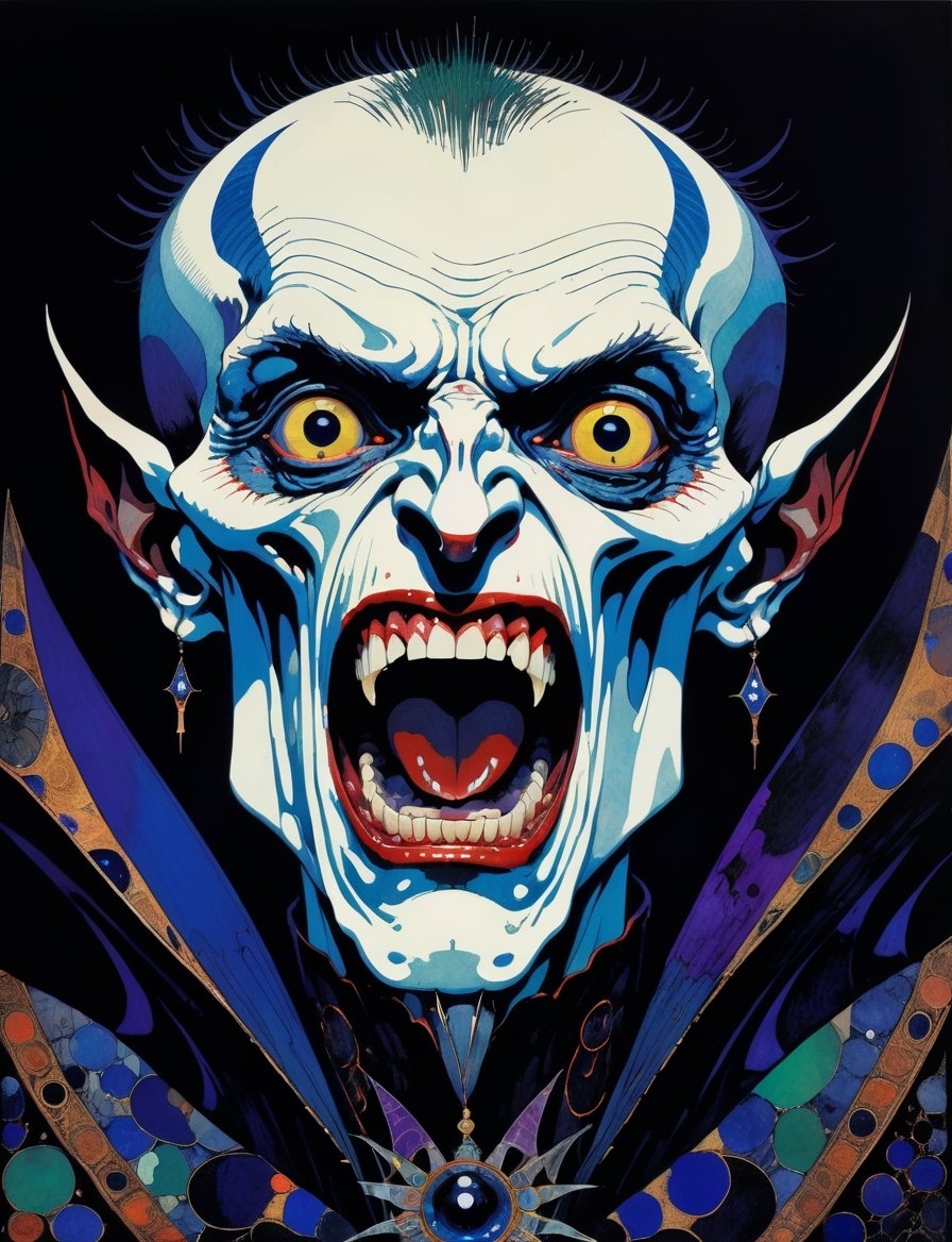 Painting of a ancient vampire roaring with sharp teeth,  in the style of harry clarke and gustav klimt,  analogous colors...