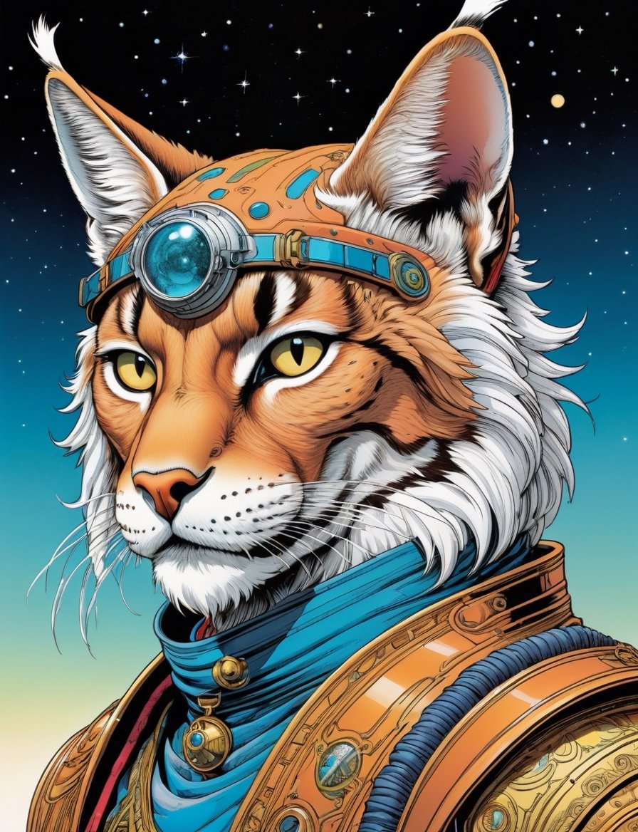 Jean Giraud ((Moebius style)),  head and shoulders Portrait of a anthropomorphic lynx animal space pirate cyborg,  backgro...