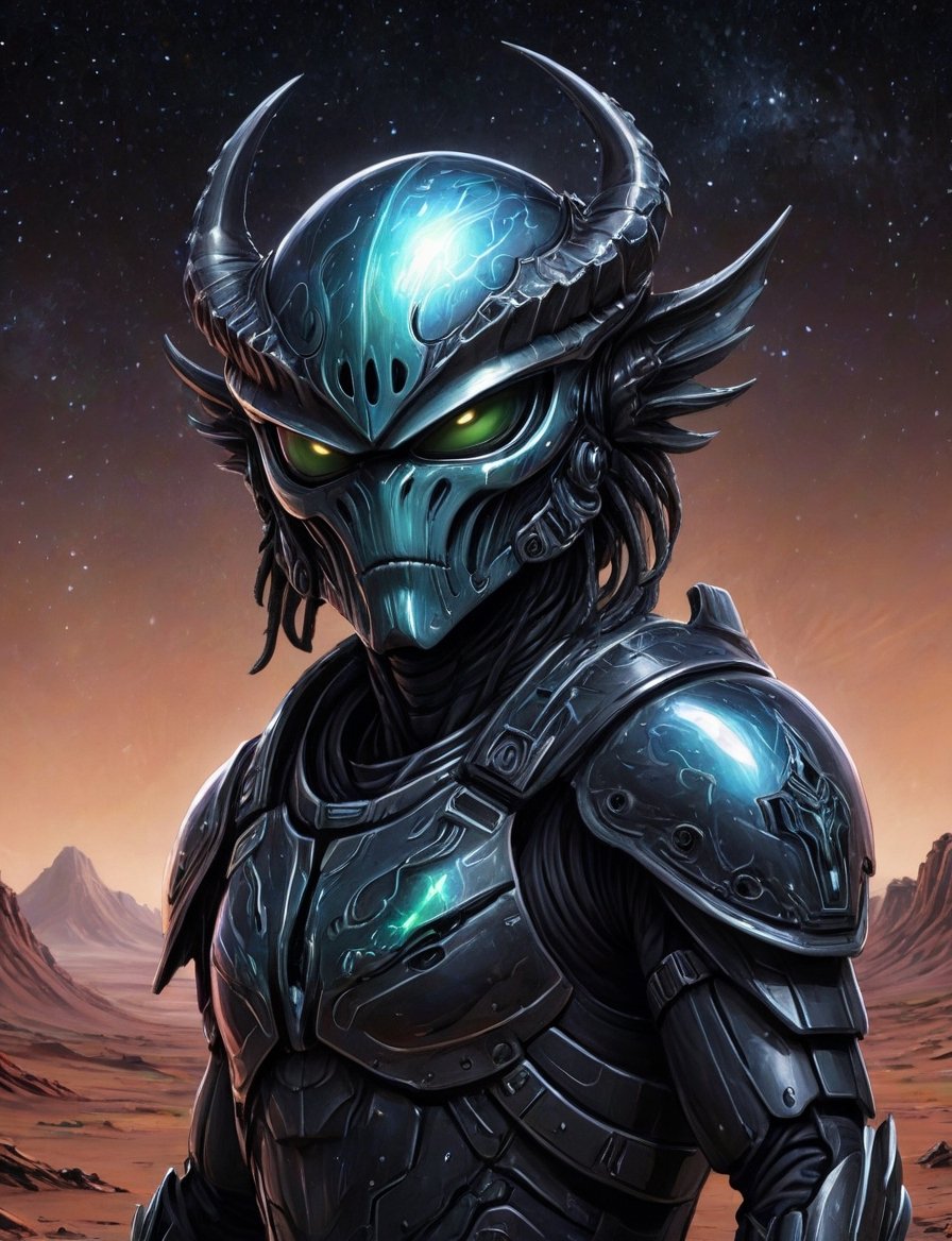 Close up,  head and shoulders portrait,  xenomorph space cowboy alien guardian in futuristic iridescent and black armor on...