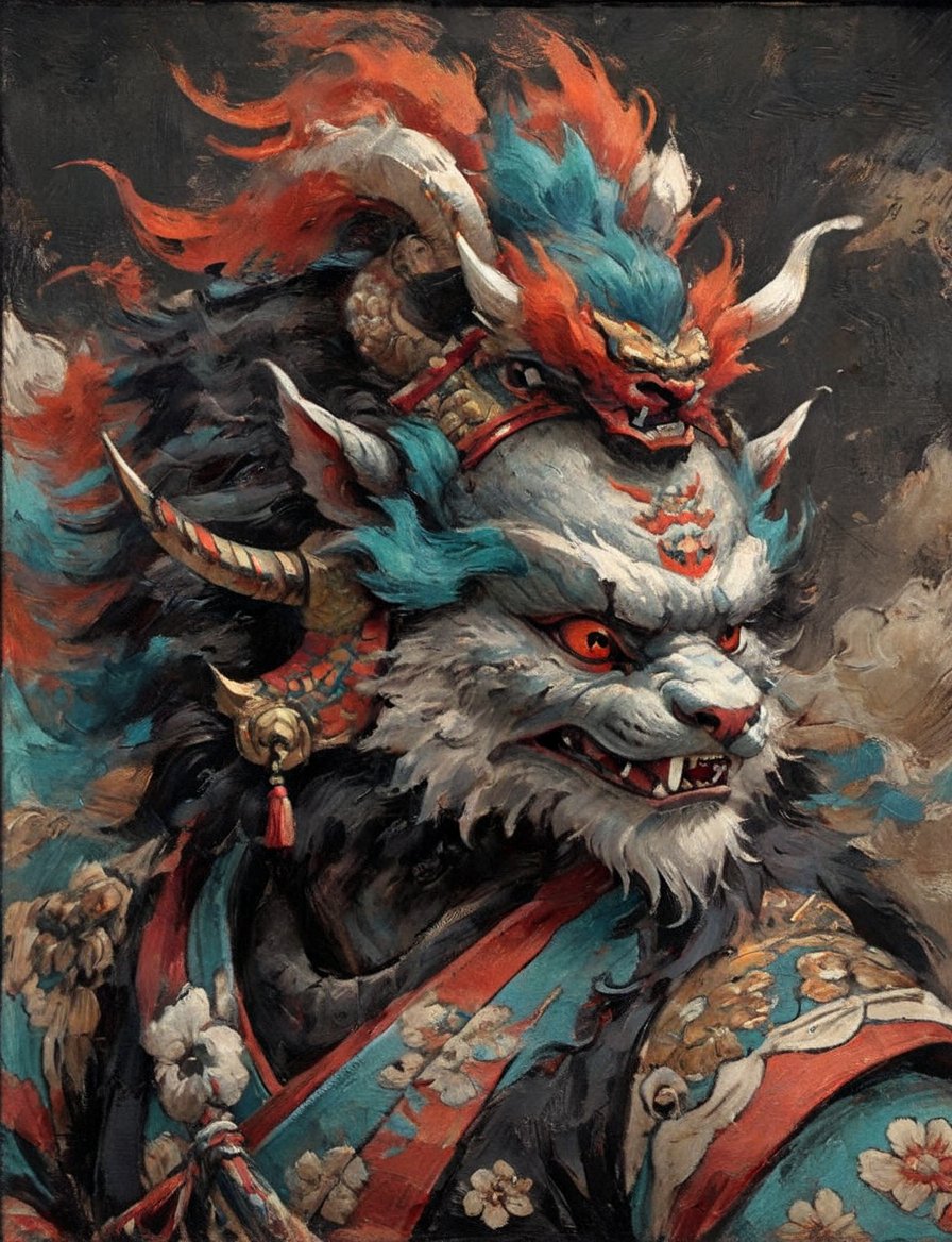 (close up, head and shoulders portrait:1.3), anthromorphic ( manticore :1.4) neck and chest fur, samurai helmet, oni_horns, samurai , black samurai armor, red, aqua, orange, blue , white and black color scheme , (dark background:1.2), Disney pixar style,Ukiyo-e,ink,colorful,shogun