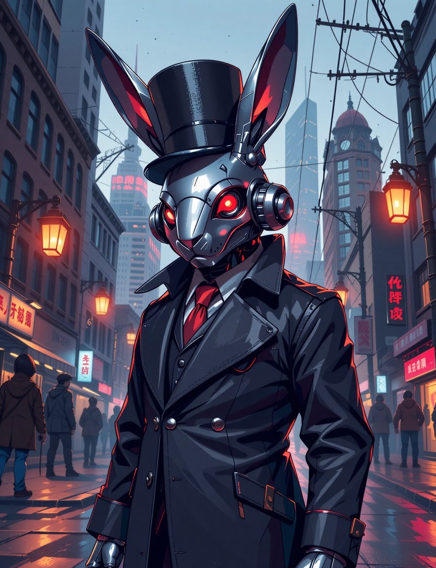) (Comic style),  anime 8k Wallpaper. A head and shoulders portrait of a mysterious anthropomorphic rabbit robotic figure...