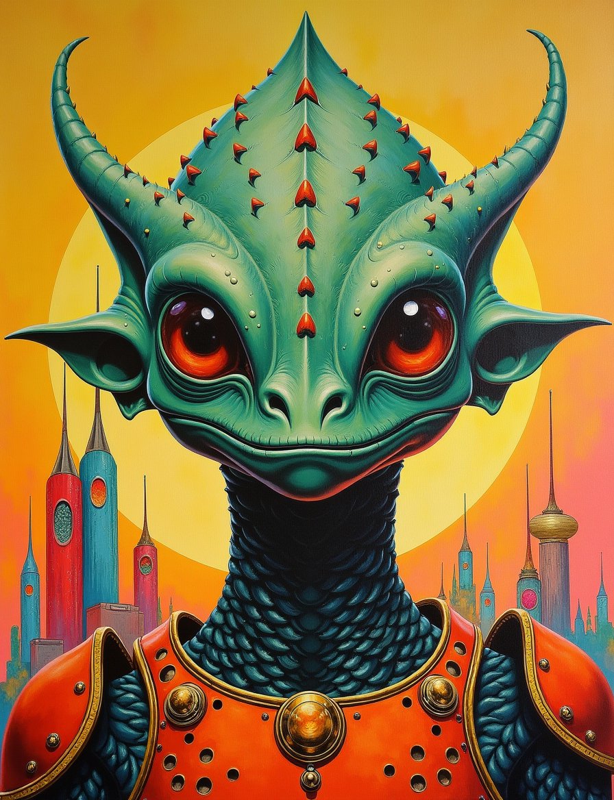 1950s retro sci-fi painting of a head and shoulders portrait,  a anthropomorphic scaled warrior ,  wearing armor with intr...