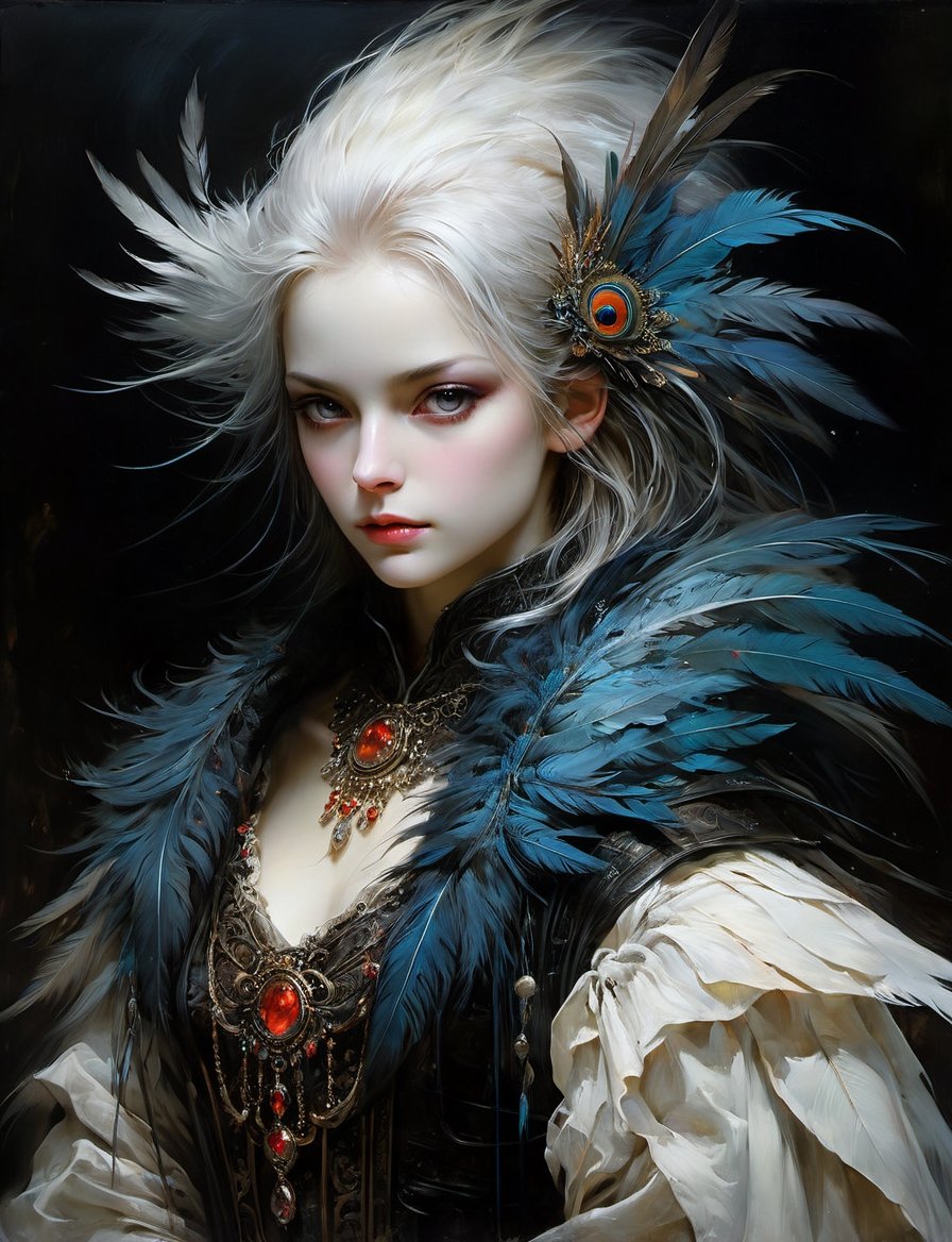 head and shoulders portrait,  anthropomorphic Hybrid bird alien alice animal oni,  wearing traditional clothing by Crystal...