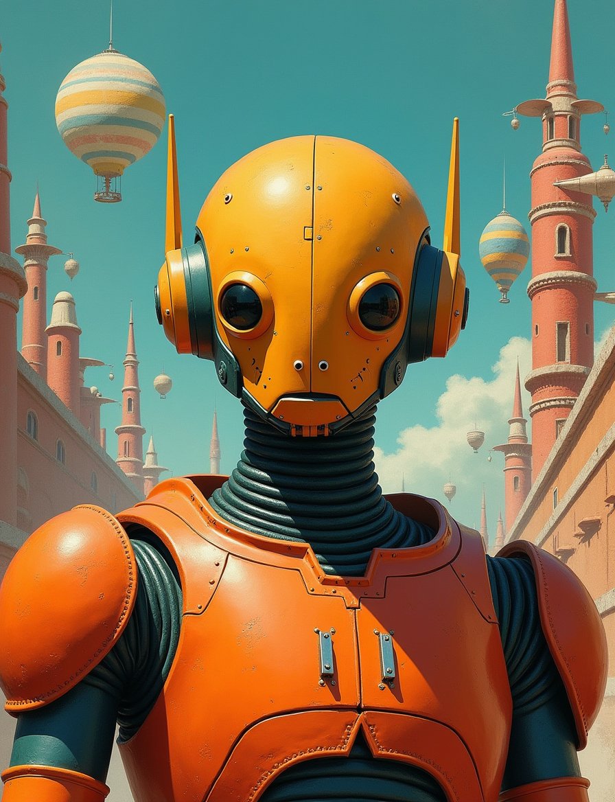 1950s retro sci-fi painting of a head and shoulders portrait,  male ,  a anthropomorphic arthropod robot bounty hunter by...