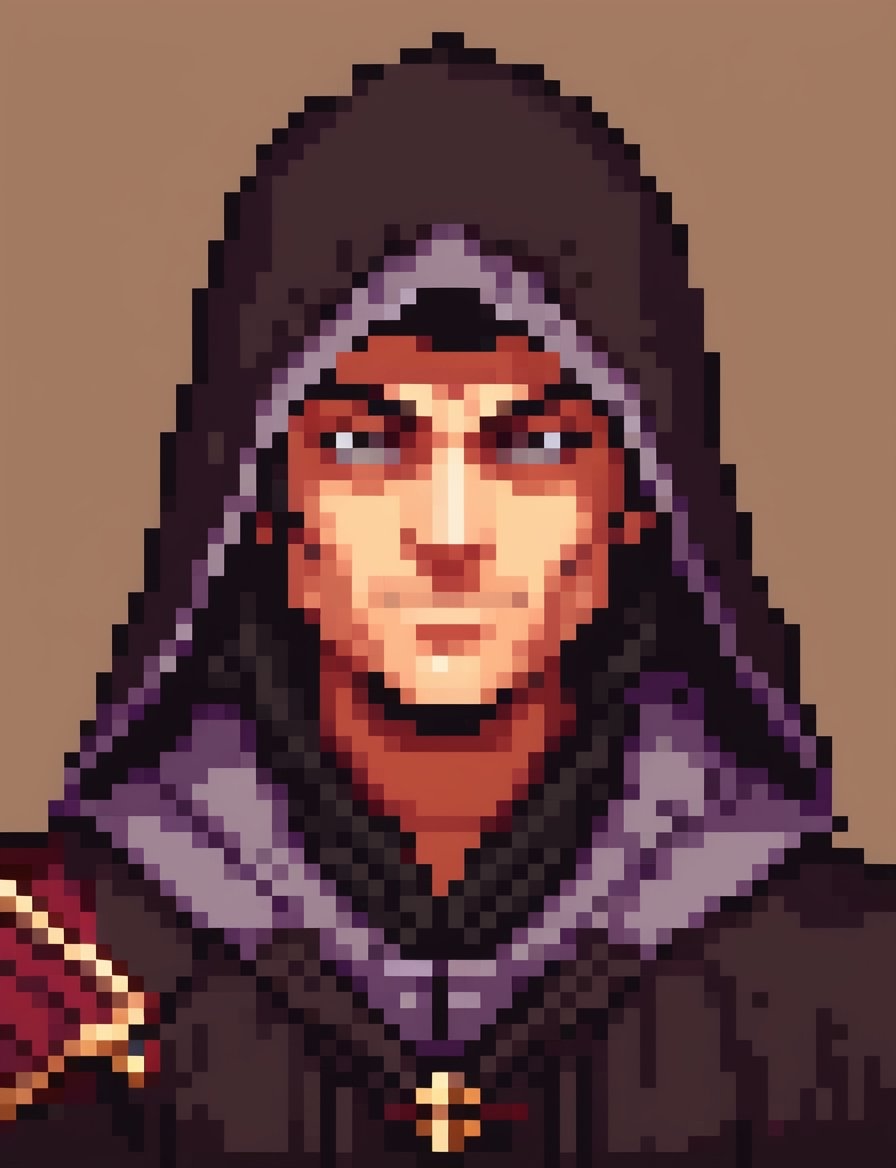 Head and shoulders portrait, assassin a hooded robe ,  pixel art, PixArFK, ,Pixel Art