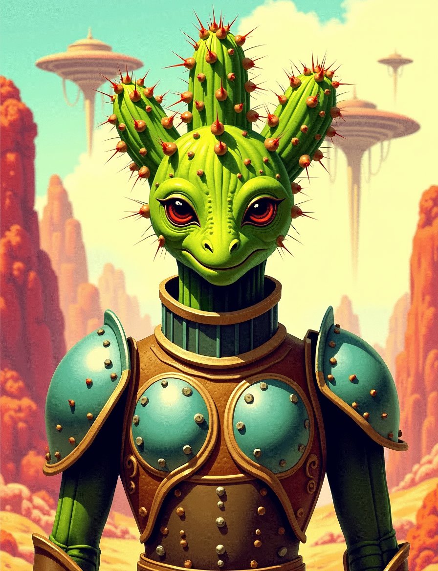 1950s retro sci-fi painting of a head and shoulders portrait,  a anthropomorphic cactus warrior ,  wearing armor with intr...