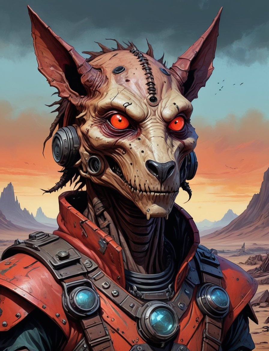 head and shoulders portrait,  A post-apocalyptic alien barghest wearing a patched-together outfit in dystopian style,  rus...
