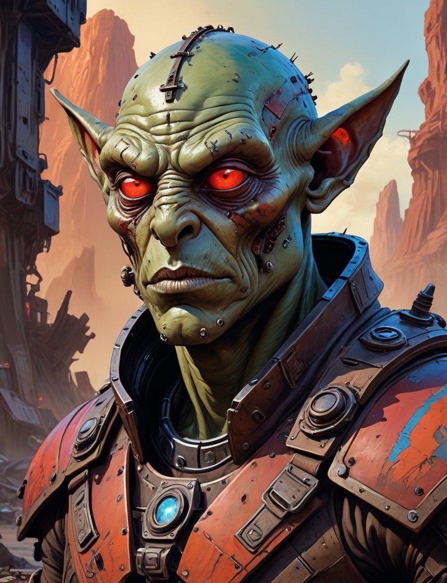 head and shoulders portrait,  A post-apocalyptic alien ogre wearing a patched-together outfit in dystopian style,  rusted...