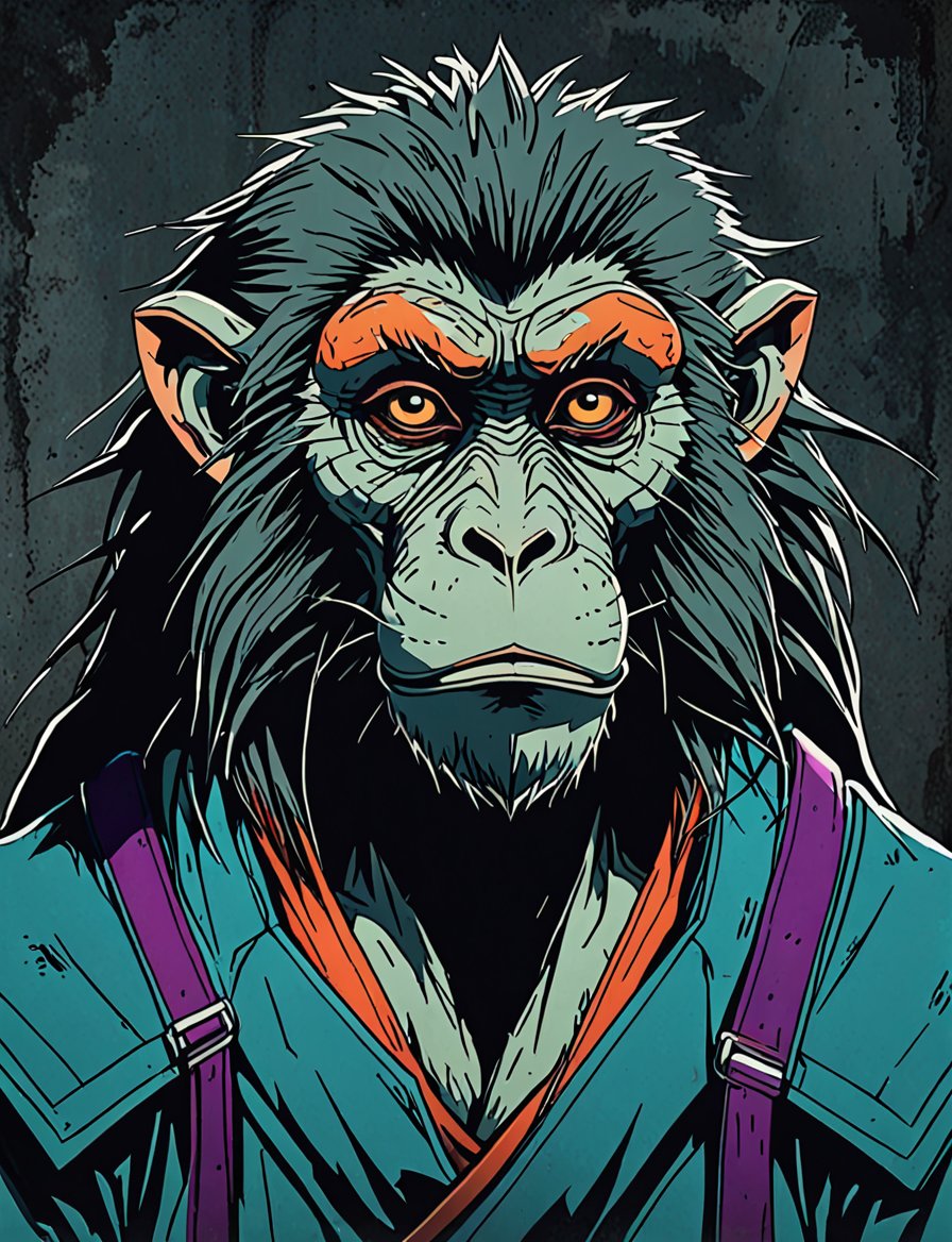 (close up, head and shoulders portrait:1.5), red, orange, green, teal, aqua, blue, violet gradient ,(anthromorphic baboon  :1.5), samurai, wearing samurai armor, (strong outline sketch style:1.5), symmetrical features, gritty fantasy, (darkest dungeon art style :1.4), dark muted background, detailed, one_piece_wano_style, Dark Manga of,anime screencap,Dark Anime of