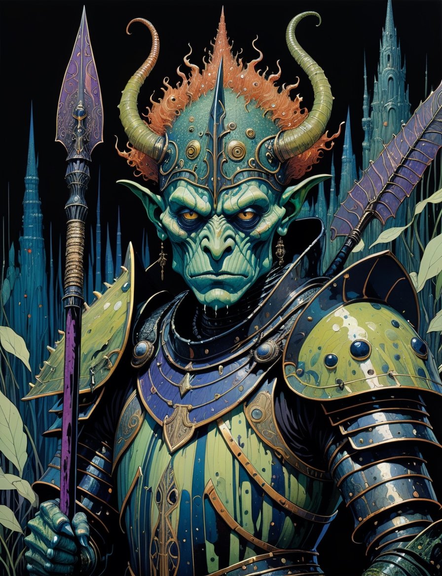 Painting of a anthropomorphic swamp monster warrior with a spear and armor,  in the style of harry clarke and gustav klimt...