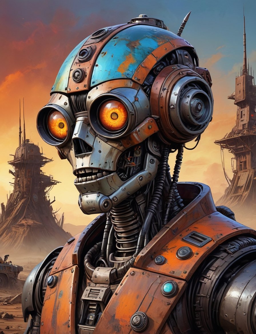 head and shoulders portrait,  A post-apocalyptic vintage robot wearing a patched-together outfit in dystopian style,  rust...