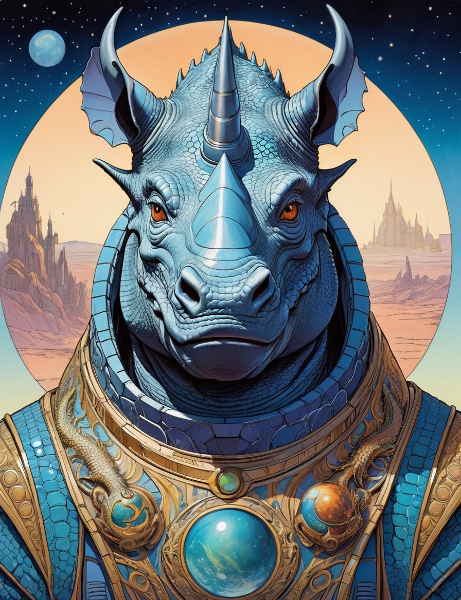 Jean Giraud ((Moebius style)),  head and shoulders Portrait of a anthropomorphic fusion with animal space sci-fi cyborg,...