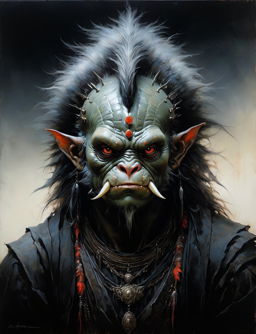 head and shoulders portrait,  anthropomorphic Hybrid bird alien ogre animal oni,  wearing traditional clothing by Crystalb...