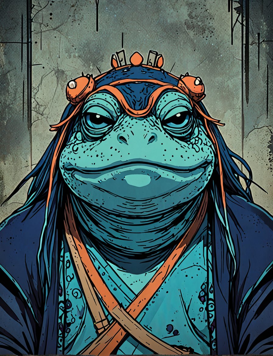 (close up, head and shoulders portrait:1.5), orange, teal, blue, violet gradient , (anthromorphic toad :1.5), samurai, wearing samurai armor, (strong outline sketch style:1.5), symmetrical features, gritty fantasy, (darkest dungeon art style :1.4), dark muted background, detailed,one_piece_wano_style,Dark Manga of