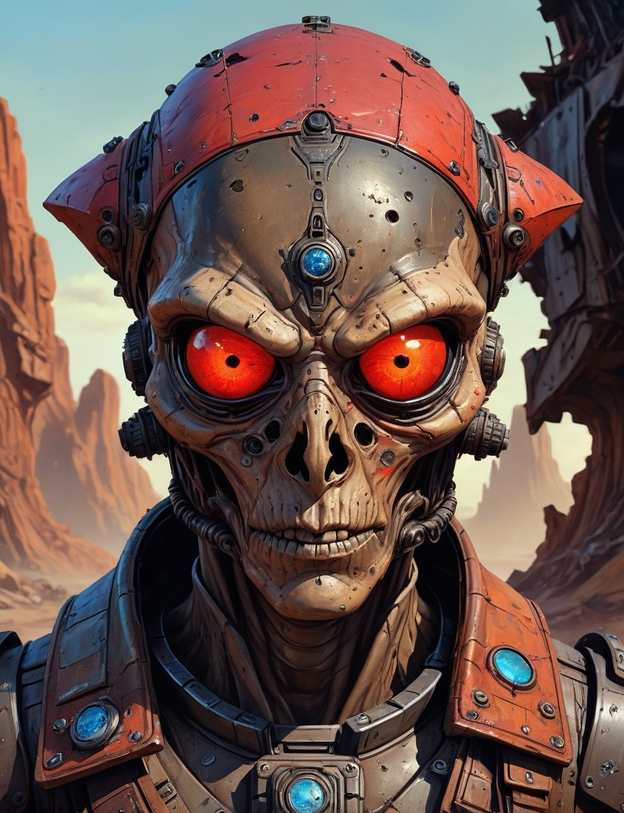 head and shoulders portrait,  A post-apocalyptic alien fungus wearing a patched-together outfit in dystopian style,  ruste...