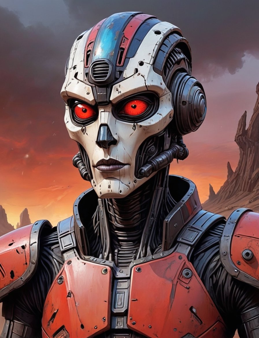 head and shoulders portrait,  A post-apocalyptic alien cylon wearing a patched-together outfit in dystopian style,  rusted...